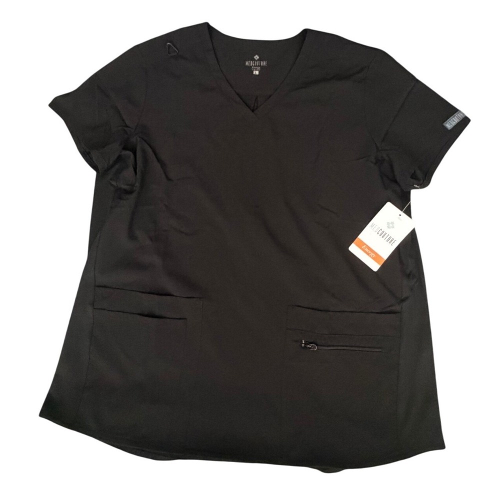 Med Couture Energy Womens Black V-Neck Scrub Top Short Sleeve Pockets NWT L